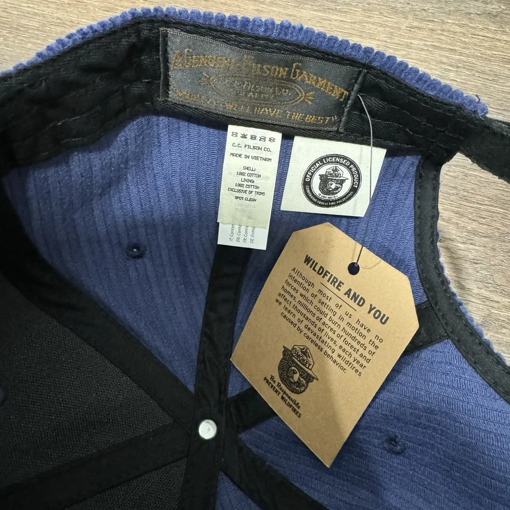Filson Smokey Bear Corduroy Hat Blue Strap‎ Back NWT